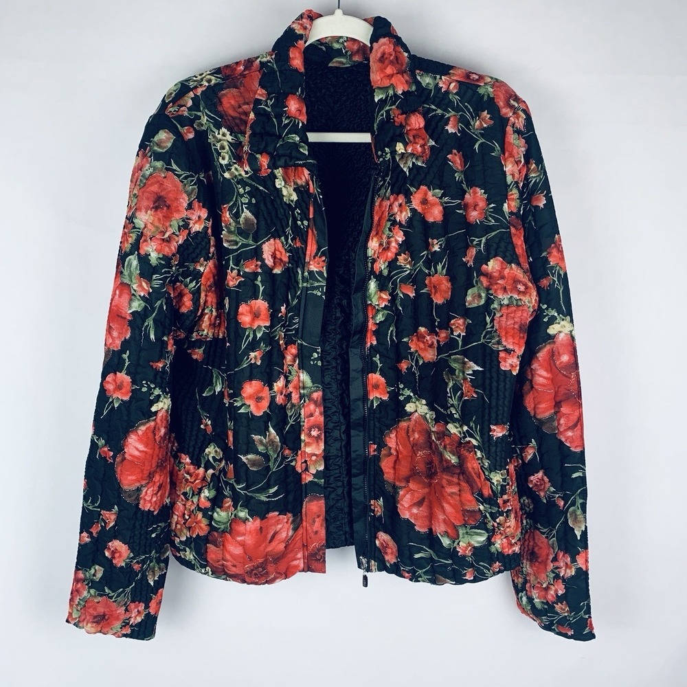 UBU Womens Floral Print Reversible Crinkle Jacket Size Large Artsy Travel Black